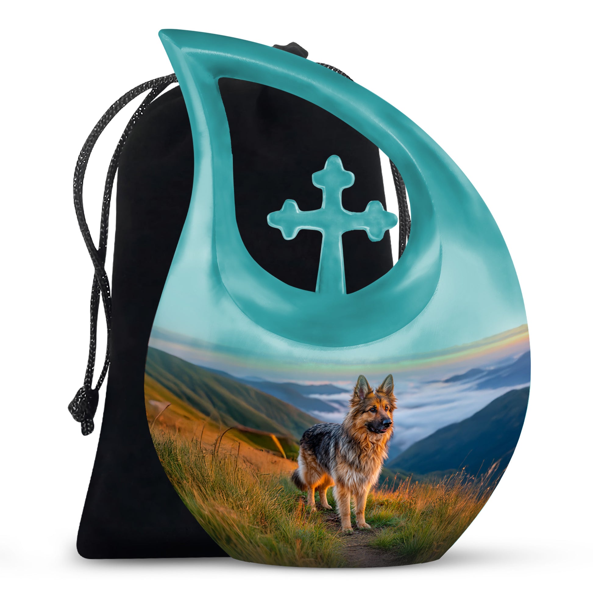 Serene Blue Dog Cremation Urn top-down view of secure threaded lid - devotional cross-drop dog engraving - full-size 10 inch 200 cubic inch adult cremation urn