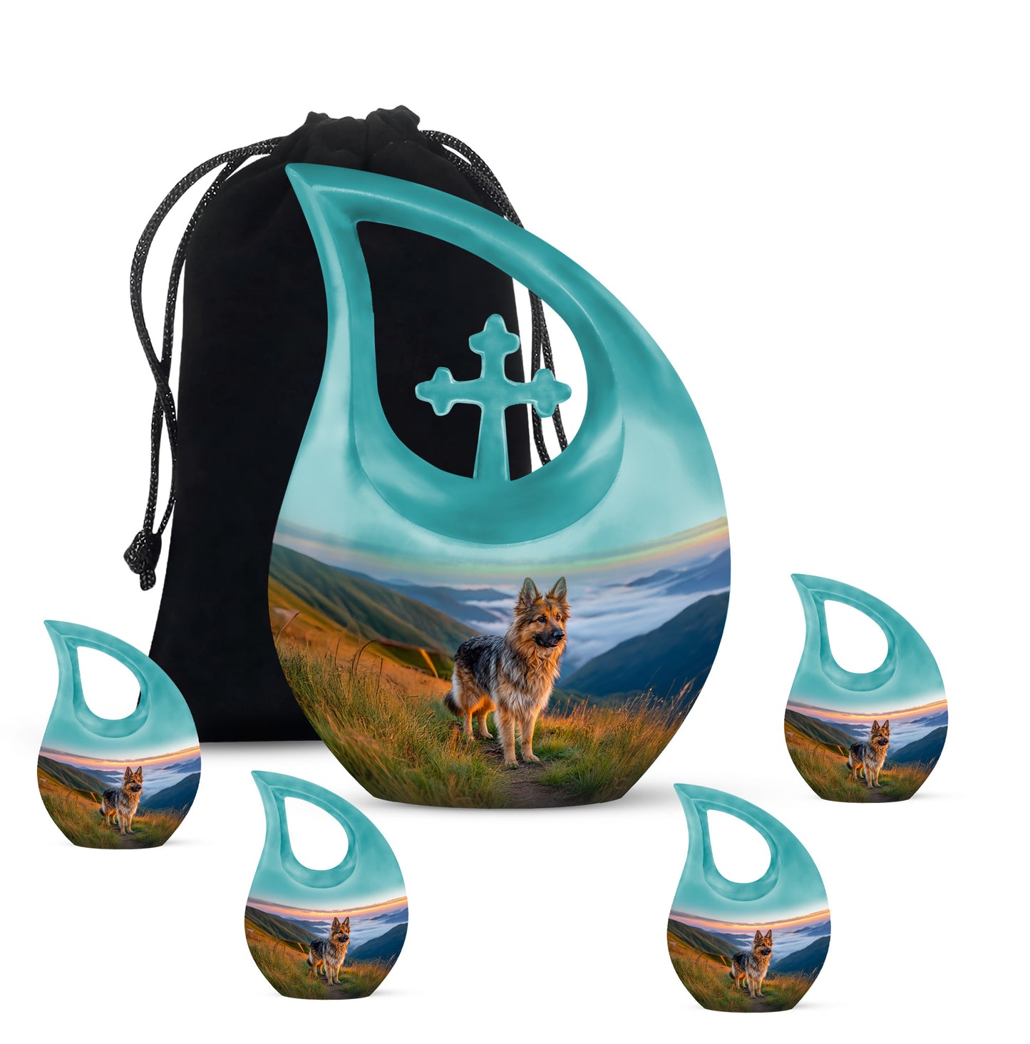 Dusty Blue Dog Cremation Urn urn with complimentary velvet bag - cross and dog combined in spiritual memorial design - memorial set with one large and four small urns