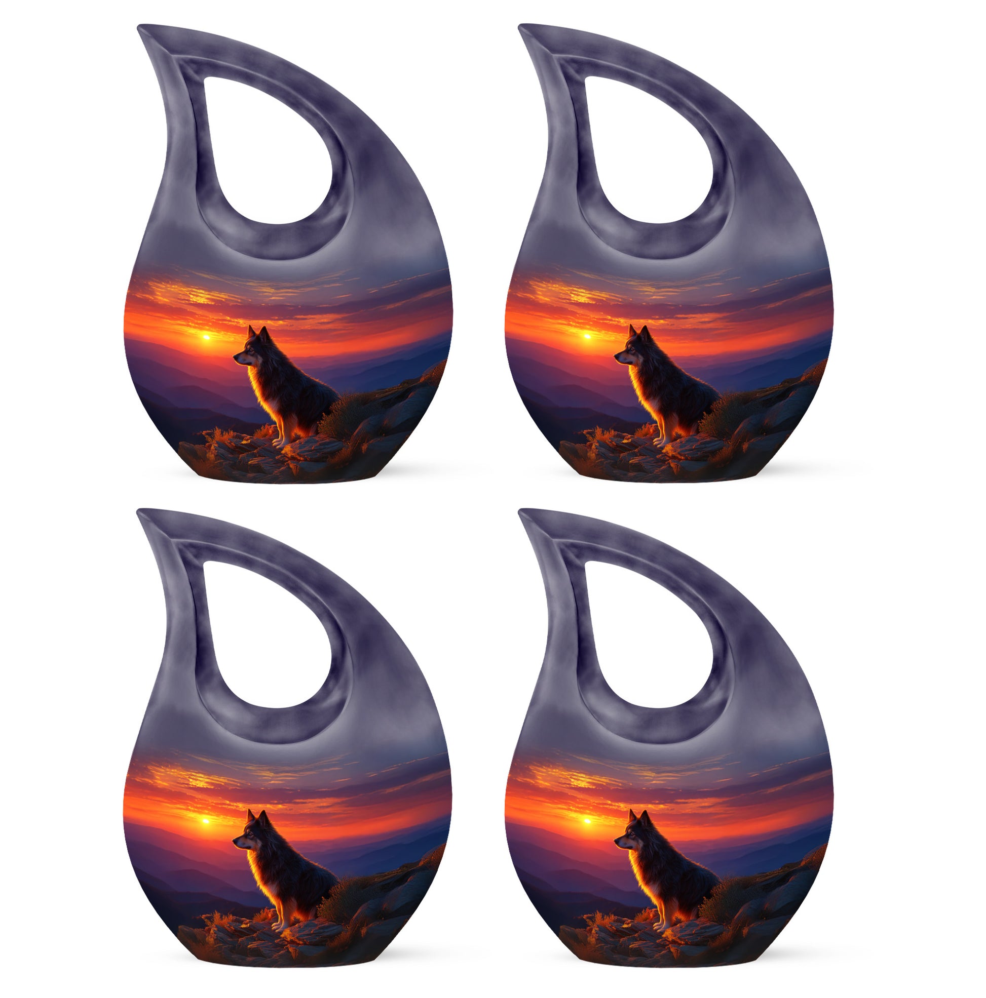 Misty Blue Dog Cremation Urn lifestyle display on memorial shelf - sacred cross merged with dog motif on metal - 10 inch aluminum urn for cremated remains