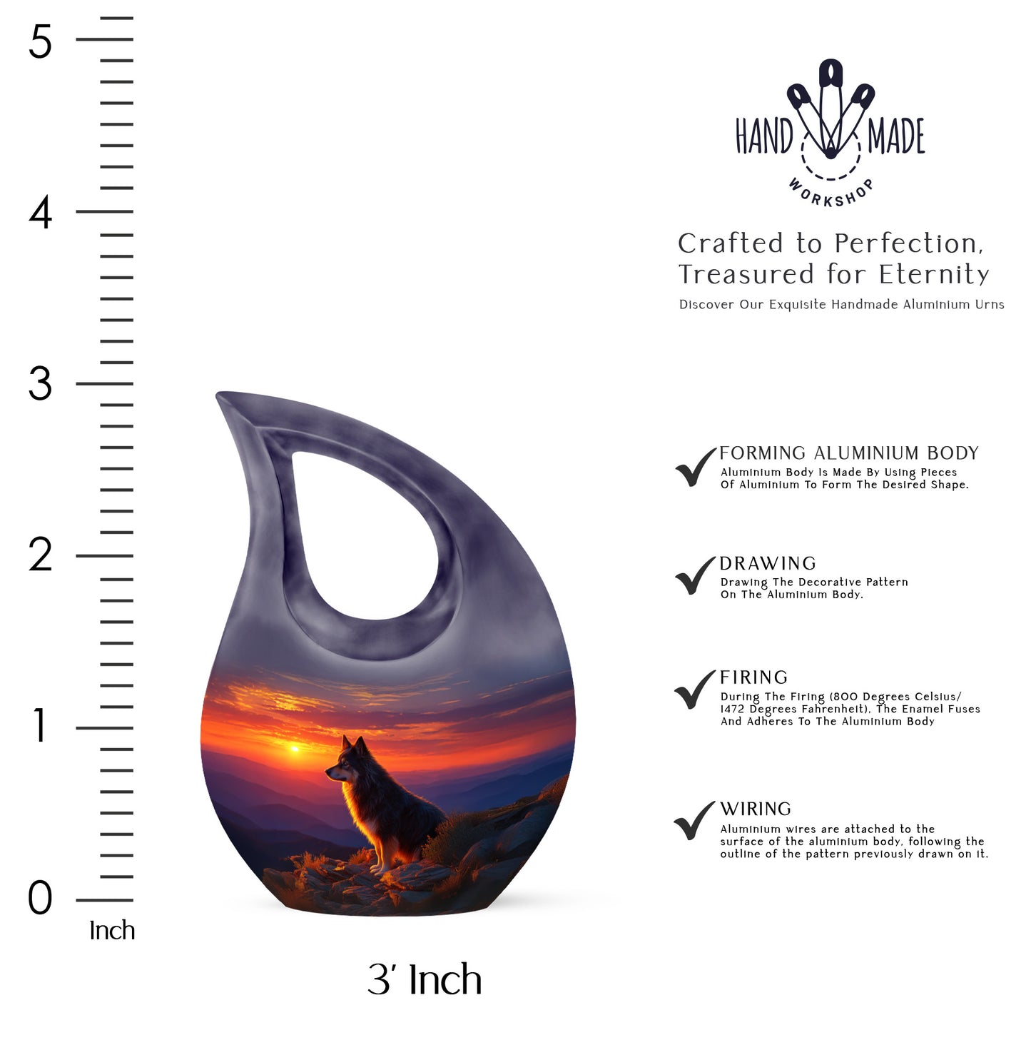 Pastel Blue Dog Cremation Urn back view with polished surface - sacred cross merged with dog motif on metal - mini keepsake memorial for portion of cremation ashes