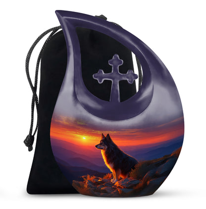 Royal Blue Dog Cremation Urn top-down view of secure threaded lid - faith-inspired cross-drop urn with dog pattern - full-size 10 inch 200 cubic inch adult cremation urn