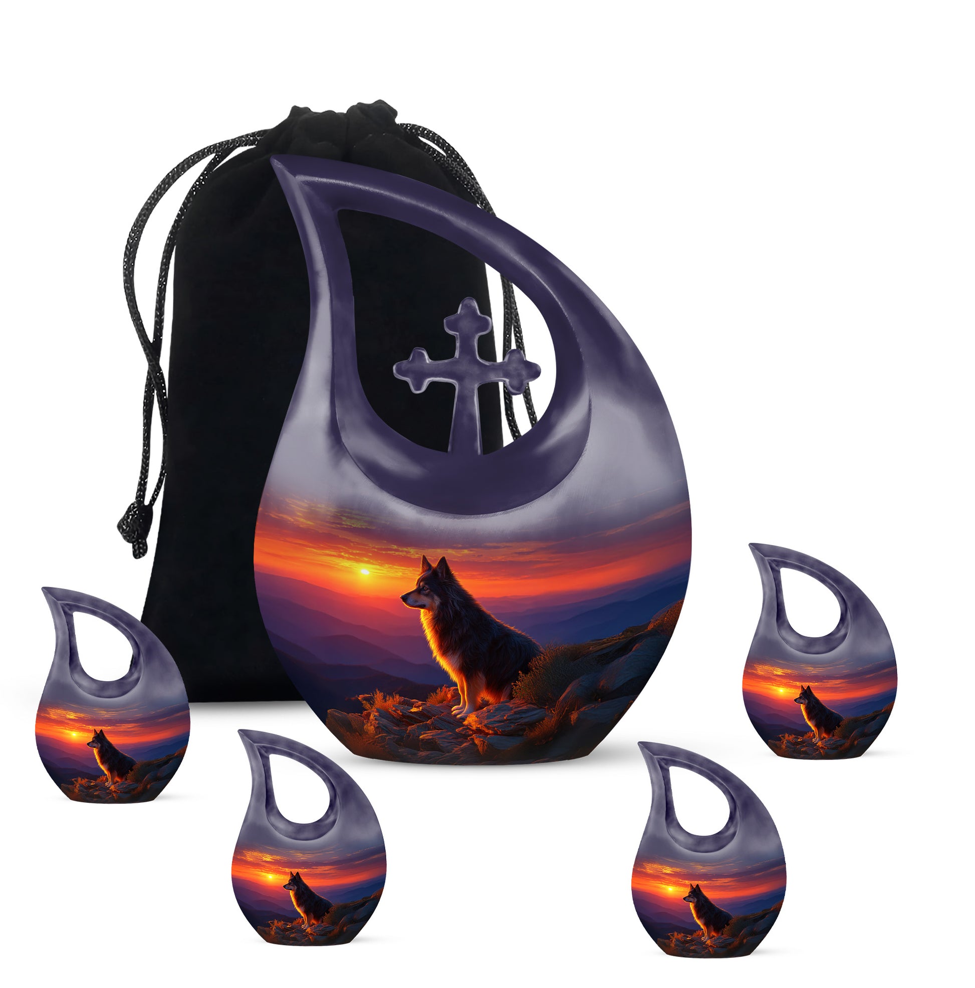 Dusty Blue Dog Cremation Urn urn with complimentary velvet bag - cross and dog combined in spiritual memorial design - memorial set with one large and four small urns