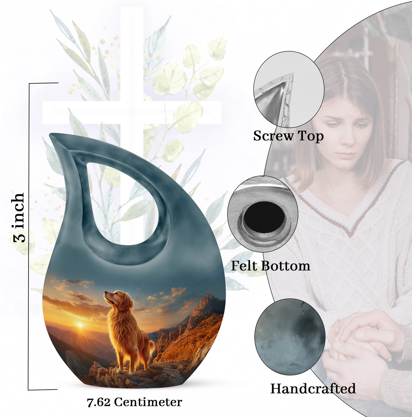 Navy Blue Dog Cremation Urn back view with polished surface - sacred cross merged with dog motif on metal - mini keepsake memorial for portion of cremation ashes
