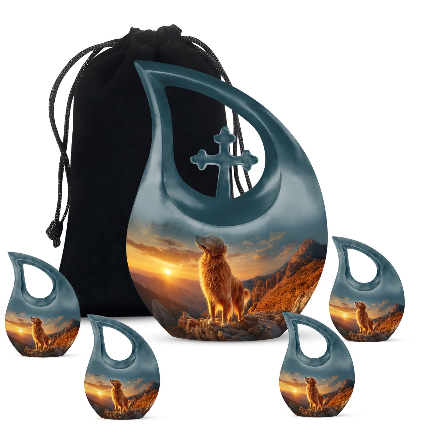 Slate Blue Dog Cremation Urn urn with complimentary velvet bag - cross and dog combined in spiritual memorial design - memorial set with one large and four small urns