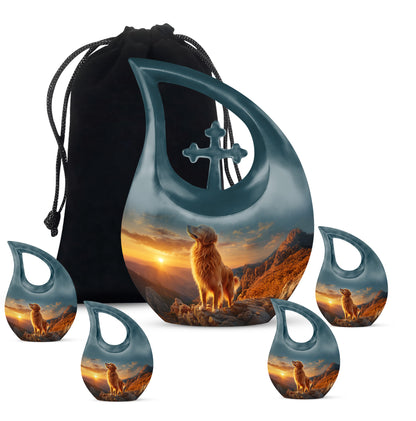 Slate Blue Dog Cremation Urn urn with complimentary velvet bag - cross and dog combined in spiritual memorial design - memorial set with one large and four small urns