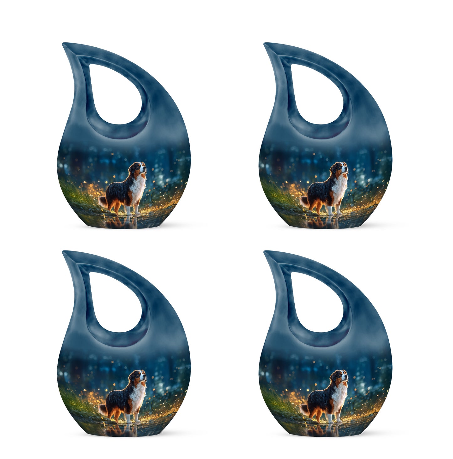 Cobalt Blue Dog Cremation Urn lifestyle display on memorial shelf - faith-inspired cross-drop urn with dog pattern - 10 inch aluminum urn for cremated remains