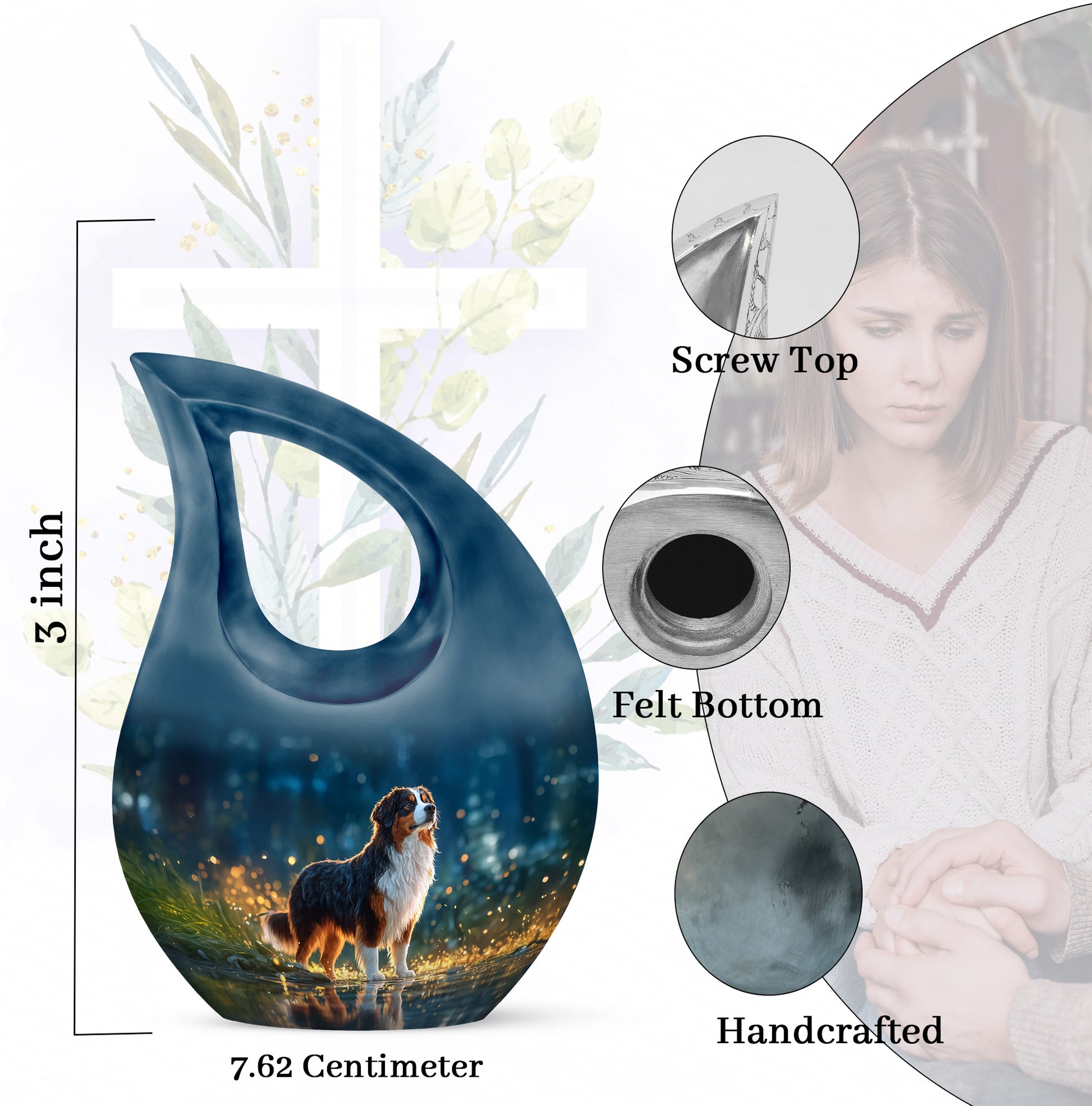 Indigo Dog Cremation Urn back view with polished surface - sacred cross merged with dog motif on metal - mini keepsake memorial for portion of cremation ashes