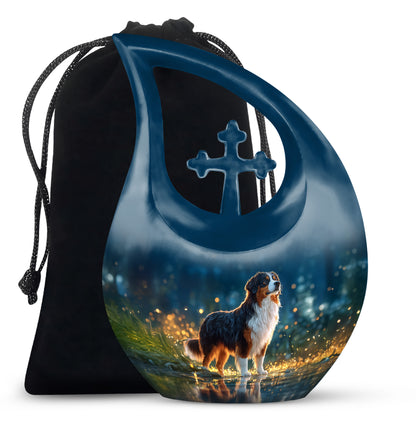 Calming Blue Dog Cremation Urn top-down view of secure threaded lid - faith-inspired cross-drop urn with dog pattern - full-size 10 inch 200 cubic inch adult cremation urn