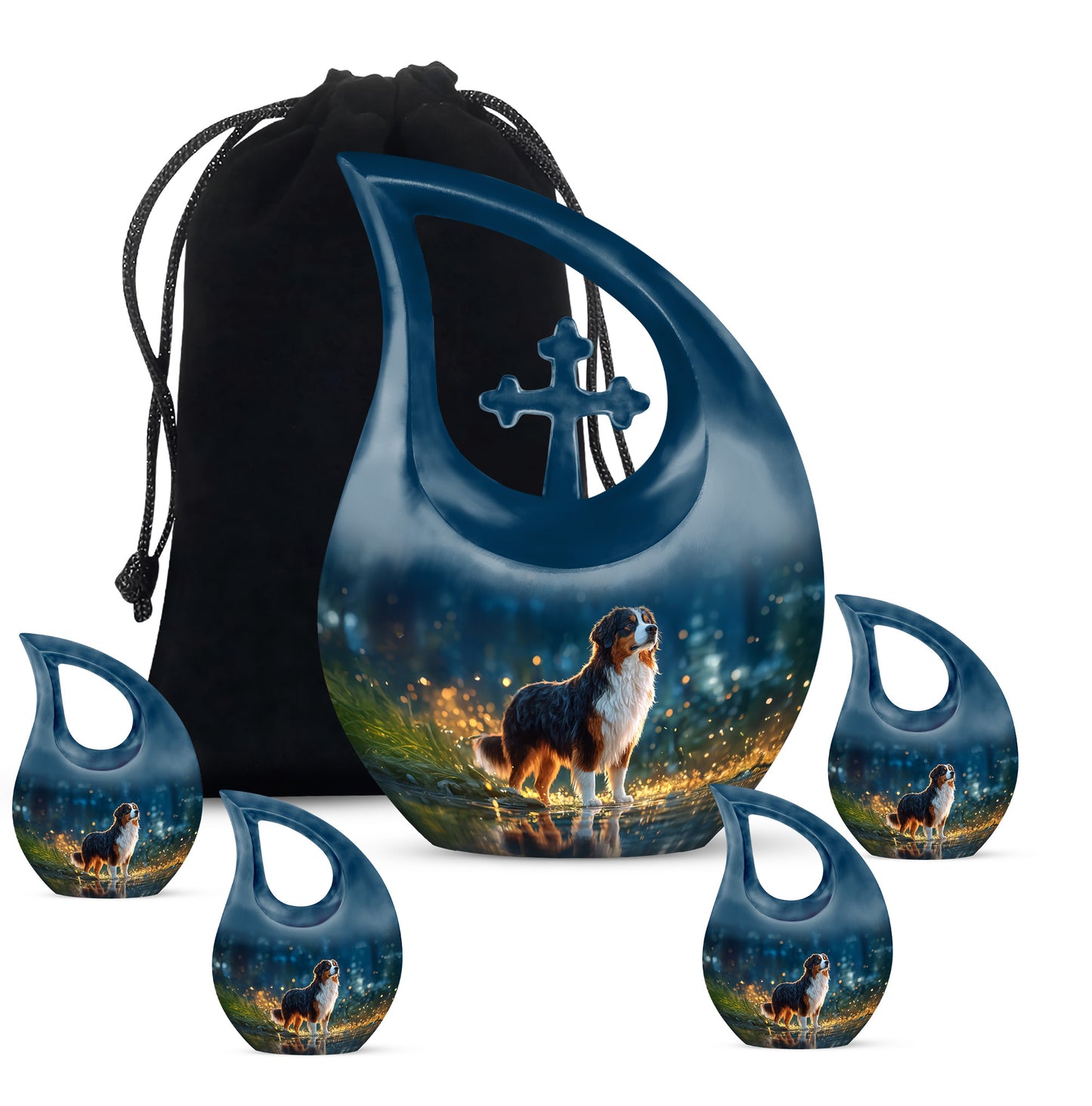 Celestial Blue Dog Cremation Urn urn with complimentary velvet bag - sacred cross merged with dog motif on metal - memorial set with one large and four small urns