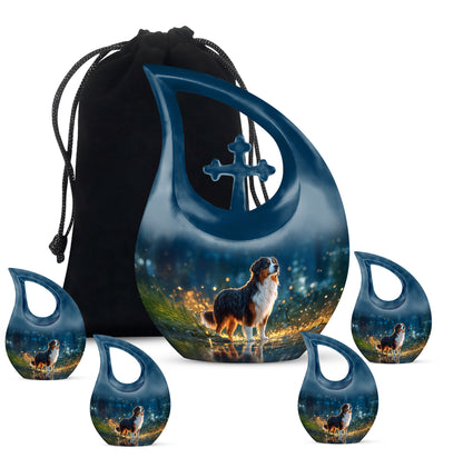 Celestial Blue Dog Cremation Urn urn with complimentary velvet bag - sacred cross merged with dog motif on metal - memorial set with one large and four small urns