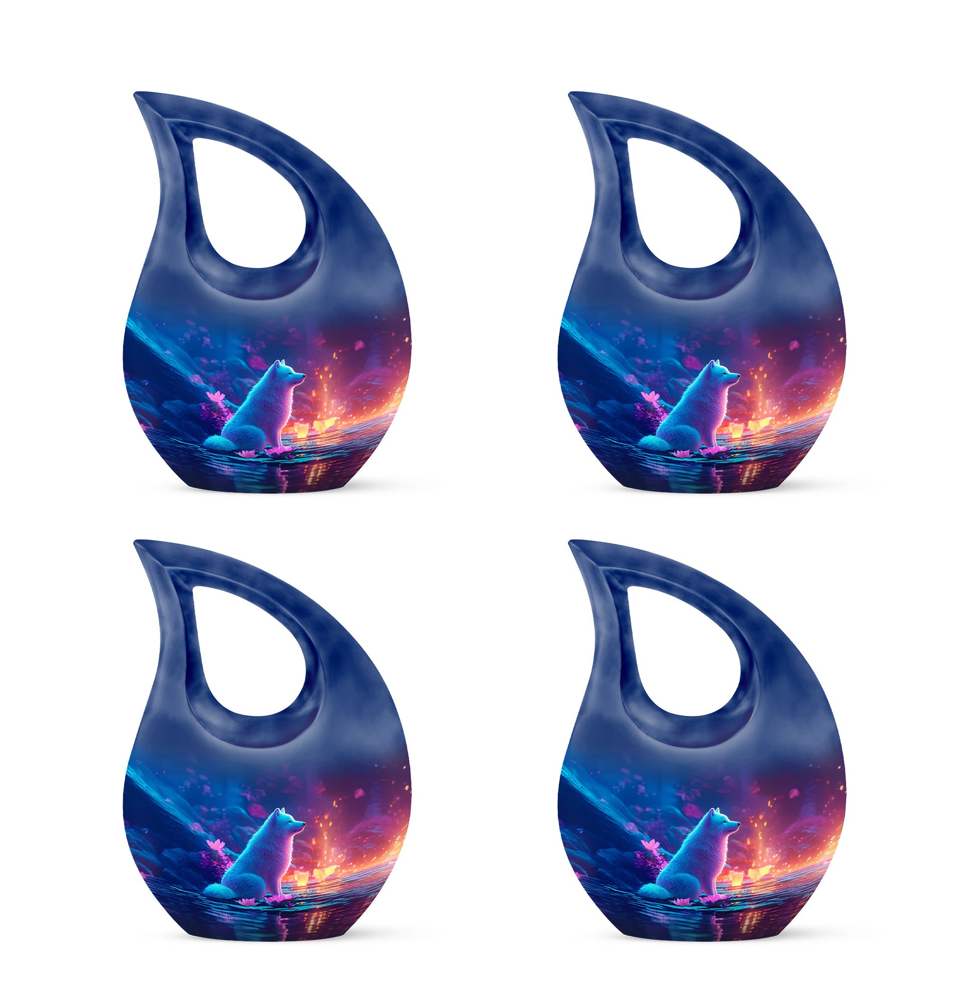 Calming Blue Dog Cremation Urn lifestyle display on memorial shelf - faith-inspired cross-drop urn with dog pattern - 10 inch aluminum urn for cremated remains