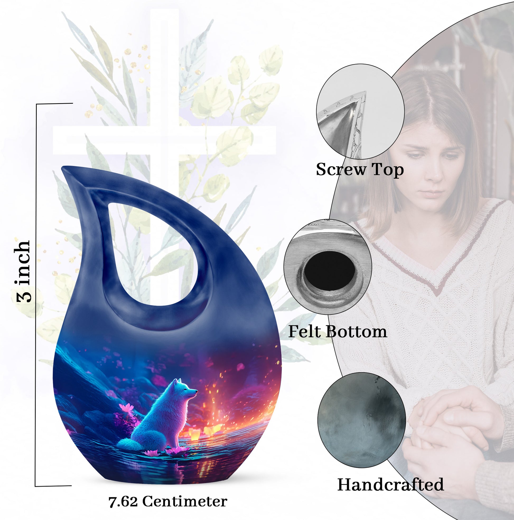Vivid Blue Dog Cremation Urn back view with polished surface - faith-inspired cross-drop urn with dog pattern - mini keepsake memorial for portion of cremation ashes