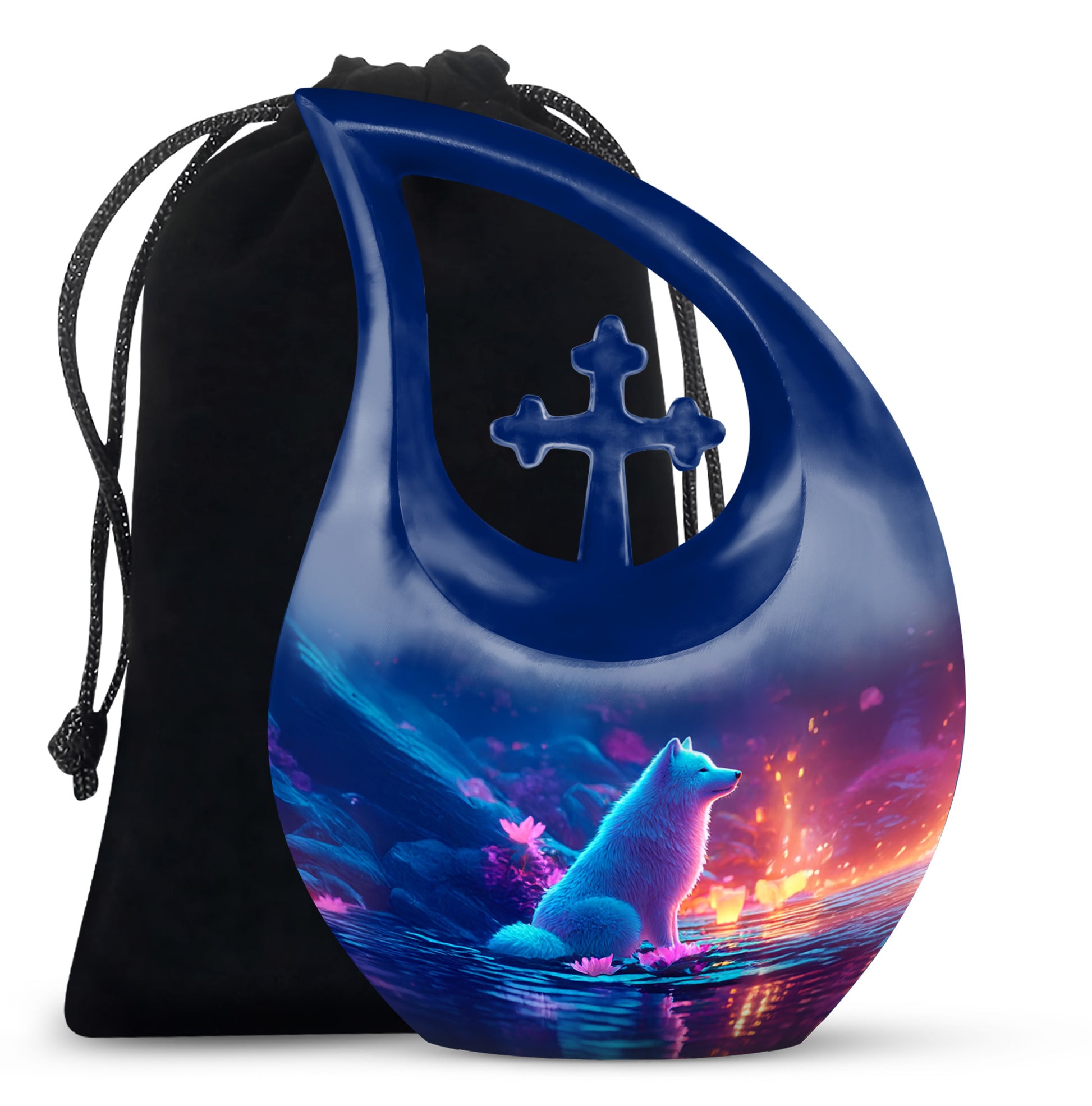 Serene Blue Dog Cremation Urn top-down view of secure threaded lid - faith-inspired cross-drop urn with dog pattern - full-size 10 inch 200 cubic inch adult cremation urn