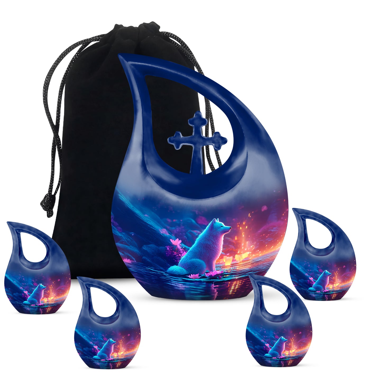 Indigo Dog Cremation Urn urn with complimentary velvet bag - cross and dog combined in spiritual memorial design - memorial set with one large and four small urns