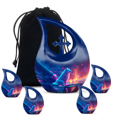 Indigo Dog Cremation Urn urn with complimentary velvet bag - cross and dog combined in spiritual memorial design - memorial set with one large and four small urns