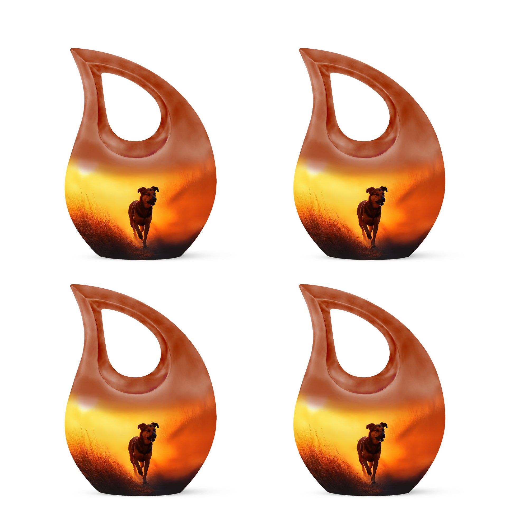 Sunrise Gold Dog Cremation Urn lifestyle display on memorial shelf - cross and dog combined in spiritual memorial design - 10 inch aluminum urn for cremated remains
