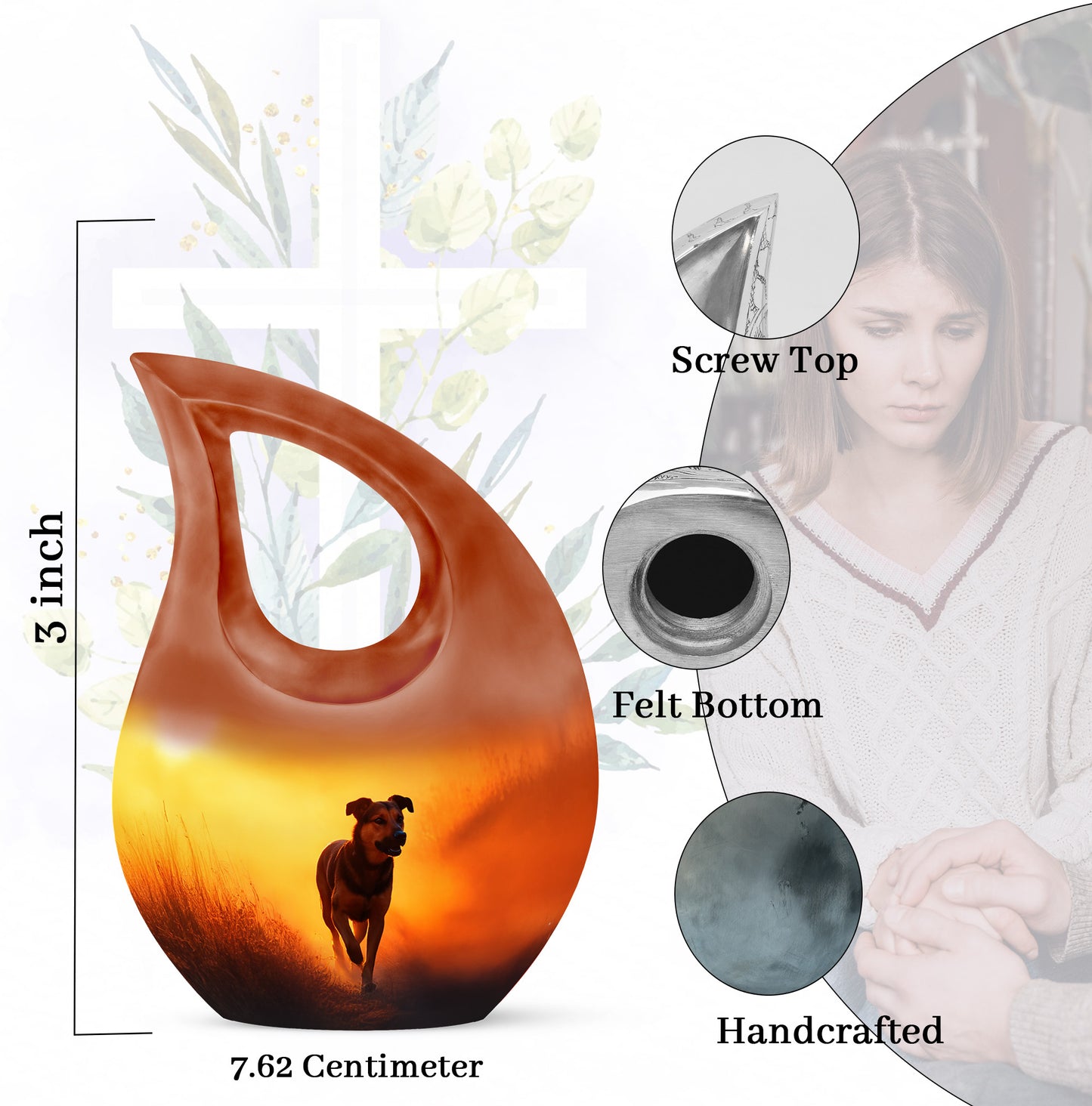 Burnished Gold Dog Cremation Urn back view with polished surface - faith-inspired cross-drop urn with dog pattern - mini keepsake memorial for portion of cremation ashes