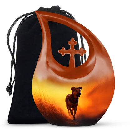 Gilded Gold Dog Cremation Urn top-down view of secure threaded lid - cross and dog combined in spiritual memorial design - full-size 10 inch 200 cubic inch adult cremation urn