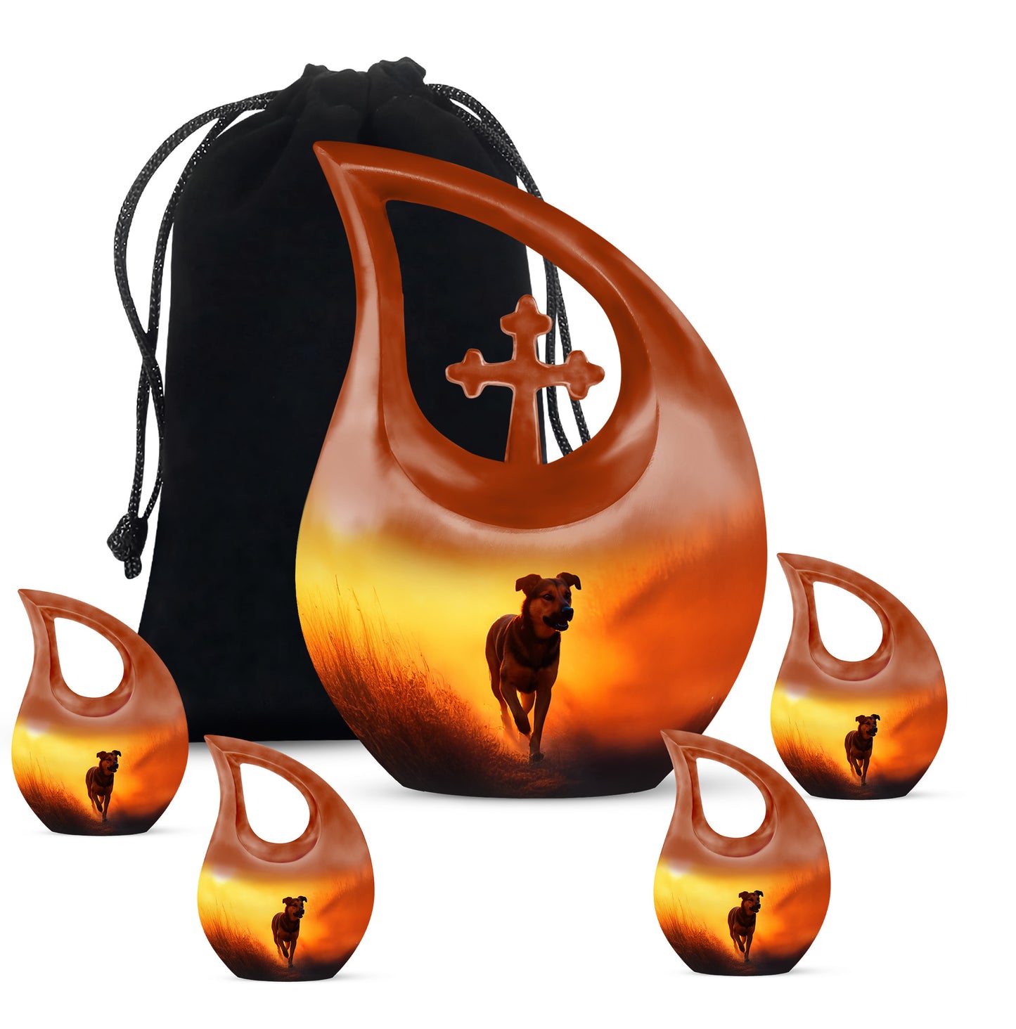 Burnished Gold Dog Cremation Urn urn with complimentary velvet bag - devotional cross-drop dog engraving - memorial set with one large and four small urns
