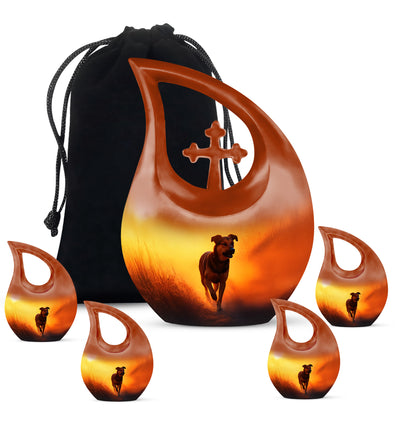 Burnished Gold Dog Cremation Urn urn with complimentary velvet bag - devotional cross-drop dog engraving - memorial set with one large and four small urns