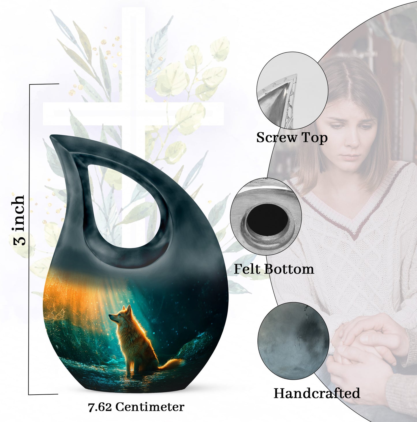 Aqua Teal Dog Cremation Urn back view with polished surface - faith-inspired cross-drop urn with dog pattern - mini keepsake memorial for portion of cremation ashes