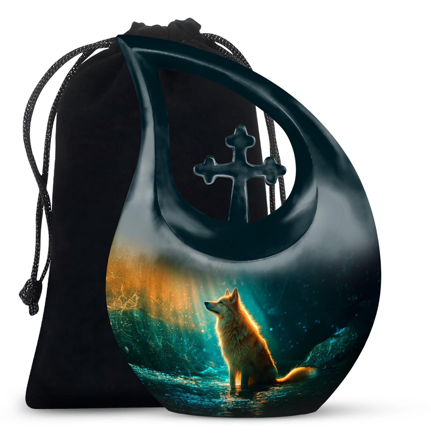 Mystic Teal Dog Cremation Urn top-down view of secure threaded lid - devotional cross-drop dog engraving - full-size 10 inch 200 cubic inch adult cremation urn