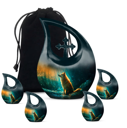 Jewel Teal Dog Cremation Urn urn with complimentary velvet bag - sacred cross merged with dog motif on metal - memorial set with one large and four small urns