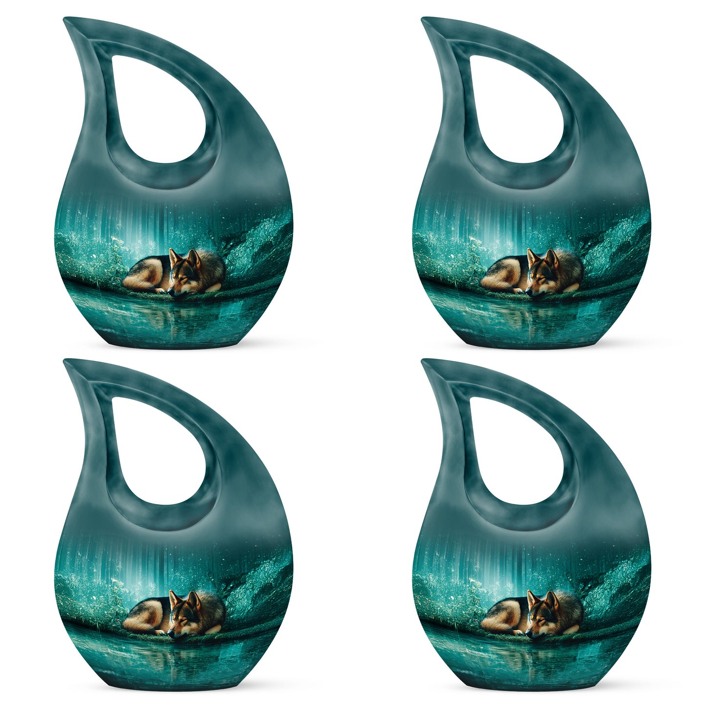 Sea Green Teal Dog Cremation Urn lifestyle display on memorial shelf - cross and dog combined in spiritual memorial design - 10 inch aluminum urn for cremated remains