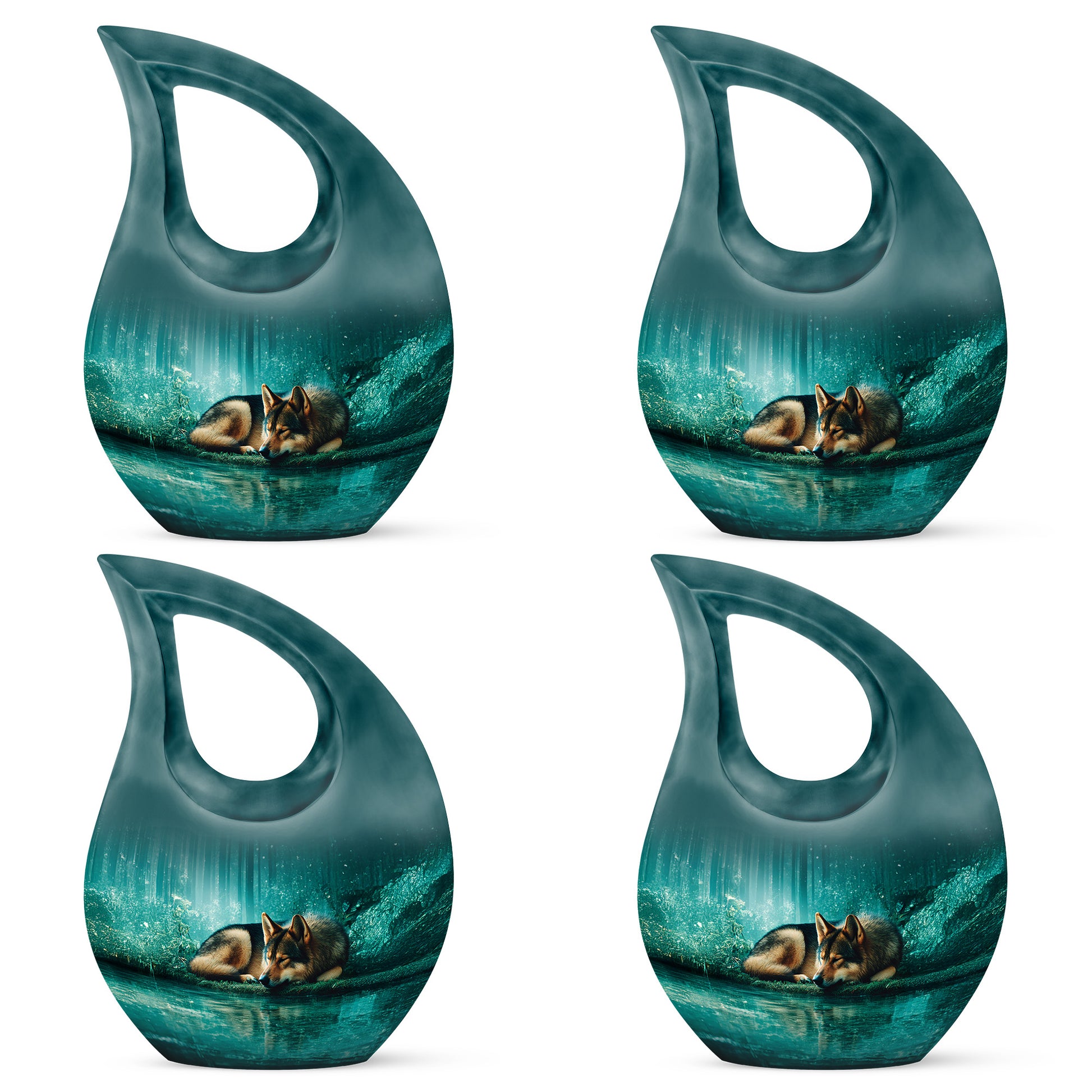 Sea Green Teal Dog Cremation Urn lifestyle display on memorial shelf - cross and dog combined in spiritual memorial design - 10 inch aluminum urn for cremated remains