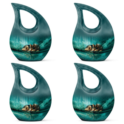 Sea Green Teal Dog Cremation Urn lifestyle display on memorial shelf - cross and dog combined in spiritual memorial design - 10 inch aluminum urn for cremated remains