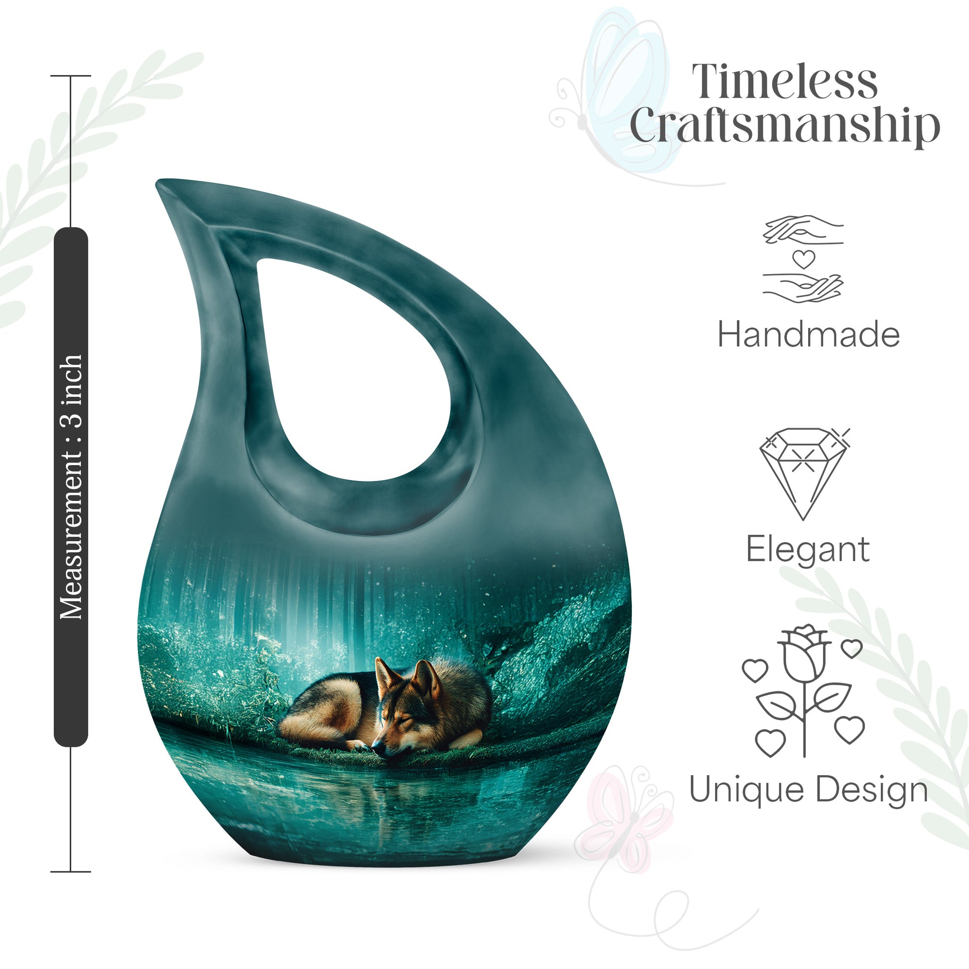 Mystic Teal Dog Cremation Urn back view with polished surface - devotional cross-drop dog engraving - mini keepsake memorial for portion of cremation ashes