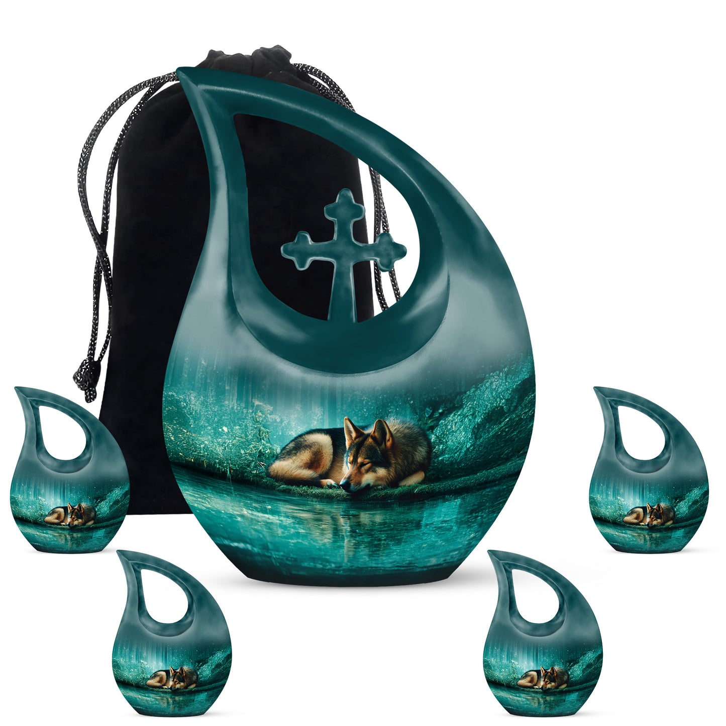 Deep Teal Dog Cremation Urn urn with complimentary velvet bag - devotional cross-drop dog engraving - memorial set with one large and four small urns