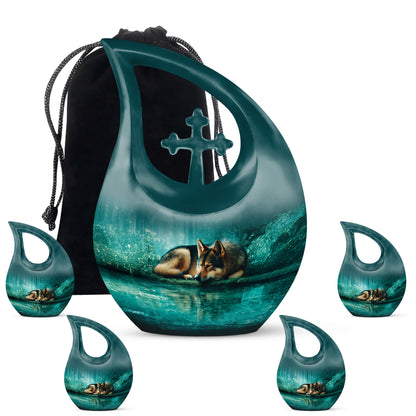Deep Teal Dog Cremation Urn urn with complimentary velvet bag - devotional cross-drop dog engraving - memorial set with one large and four small urns