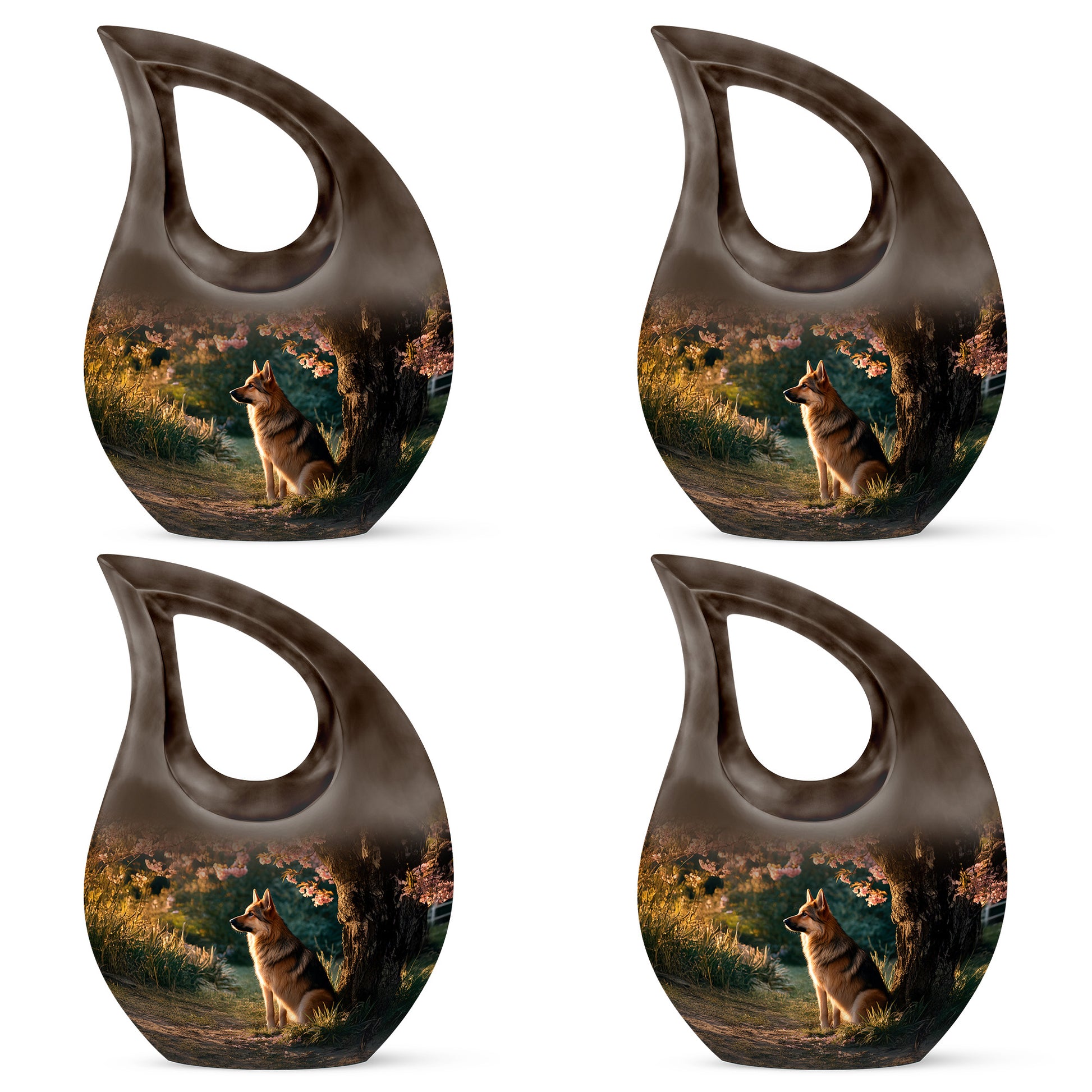 Matte Gold Dog Cremation Urn lifestyle display on memorial shelf - faith-inspired cross-drop urn with dog pattern - 10 inch aluminum urn for cremated remains