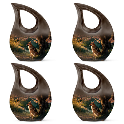 Matte Gold Dog Cremation Urn lifestyle display on memorial shelf - faith-inspired cross-drop urn with dog pattern - 10 inch aluminum urn for cremated remains