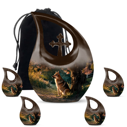 Amber Gold Dog Cremation Urn urn with complimentary velvet bag - sacred cross merged with dog motif on metal - memorial set with one large and four small urns