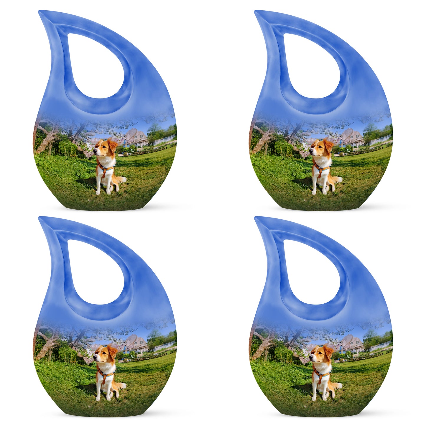 Dusty Blue Dog Cremation Urn lifestyle display on memorial shelf - cross and dog combined in spiritual memorial design - 10 inch aluminum urn for cremated remains