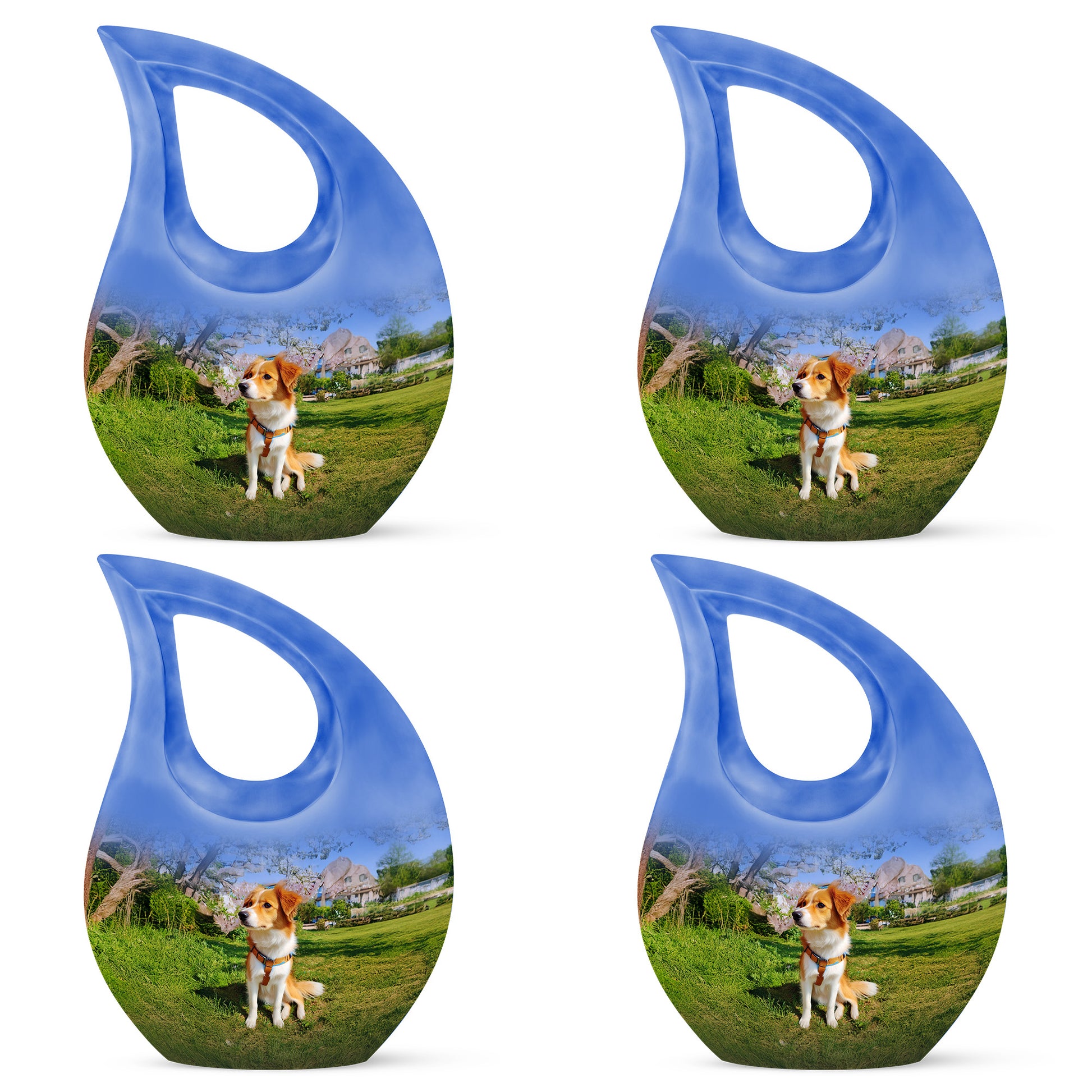 Dusty Blue Dog Cremation Urn lifestyle display on memorial shelf - cross and dog combined in spiritual memorial design - 10 inch aluminum urn for cremated remains