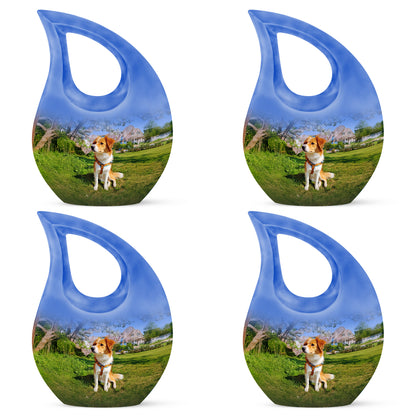 Dusty Blue Dog Cremation Urn lifestyle display on memorial shelf - cross and dog combined in spiritual memorial design - 10 inch aluminum urn for cremated remains