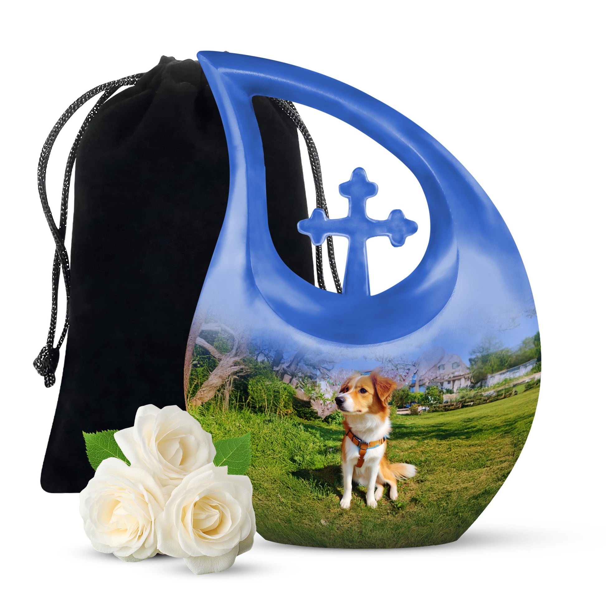 Slate Blue Dog Cremation Urn top-down view of secure threaded lid - cross and dog combined in spiritual memorial design - full-size 10 inch 200 cubic inch adult cremation urn