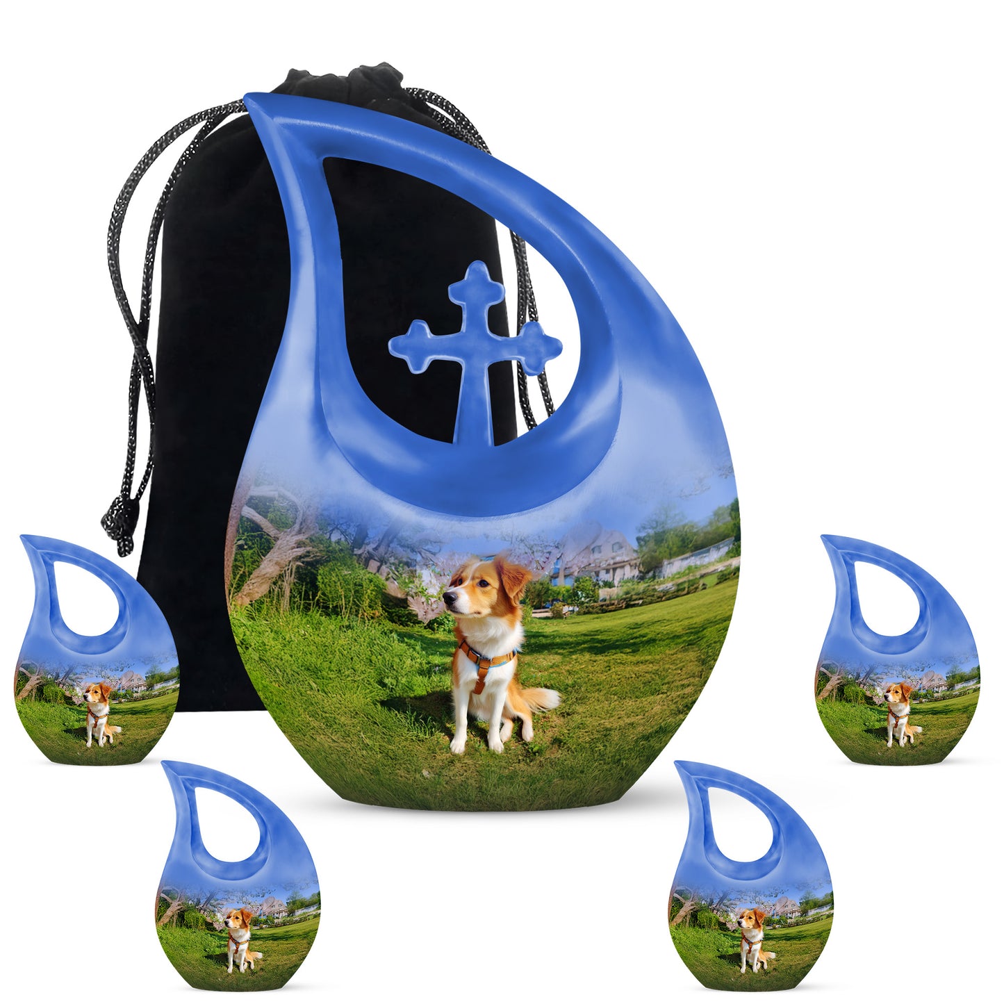 Misty Blue Dog Cremation Urn urn with complimentary velvet bag - sacred cross merged with dog motif on metal - memorial set with one large and four small urns