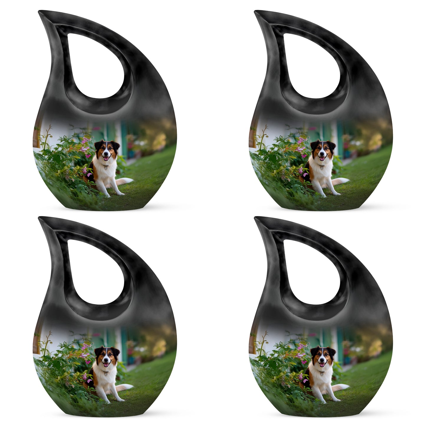 Verdant Green Dog Cremation Urn lifestyle display on memorial shelf - cross and dog combined in spiritual memorial design - 10 inch aluminum urn for cremated remains
