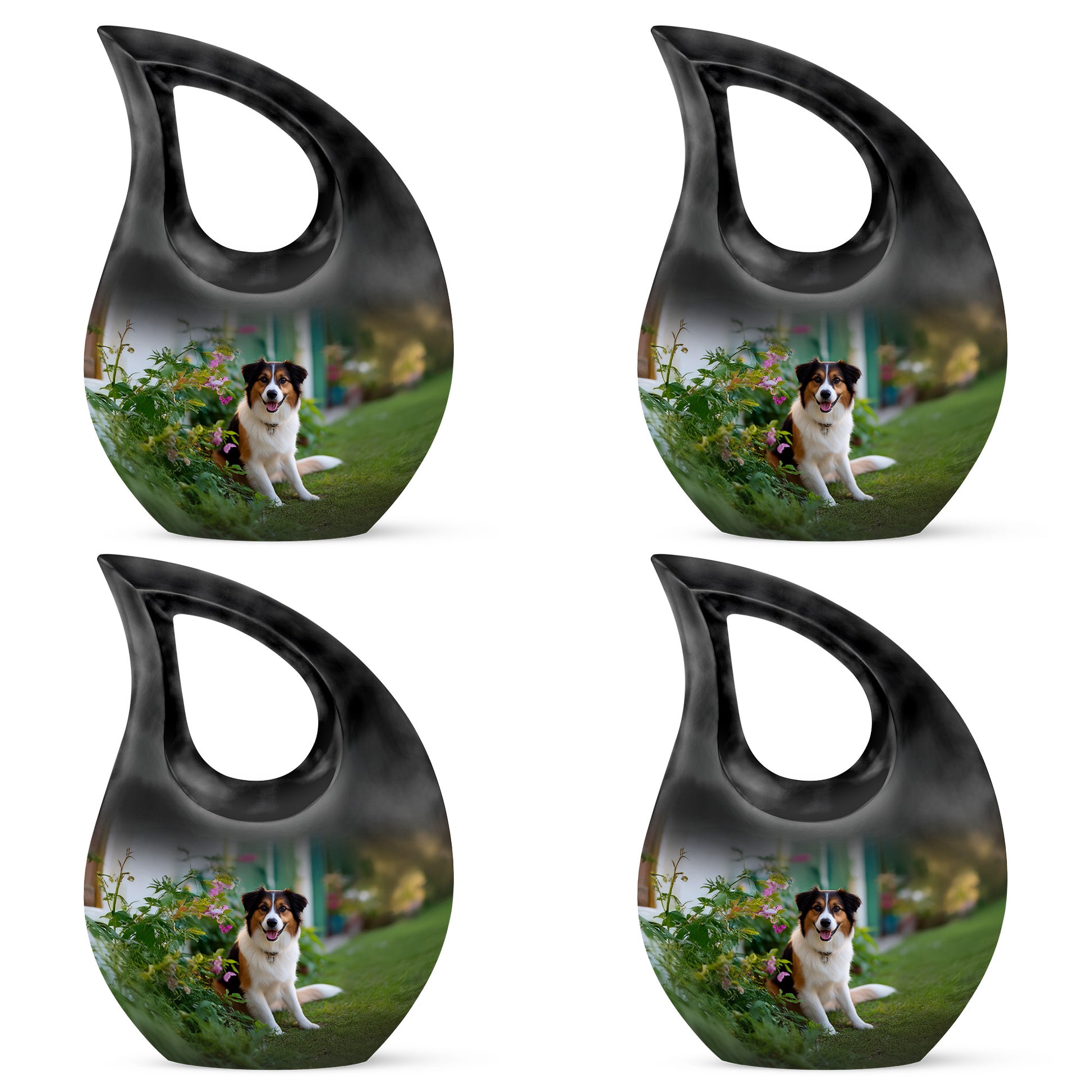 Verdant Green Dog Cremation Urn lifestyle display on memorial shelf - cross and dog combined in spiritual memorial design - 10 inch aluminum urn for cremated remains
