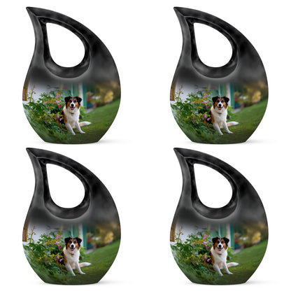 Verdant Green Dog Cremation Urn lifestyle display on memorial shelf - cross and dog combined in spiritual memorial design - 10 inch aluminum urn for cremated remains