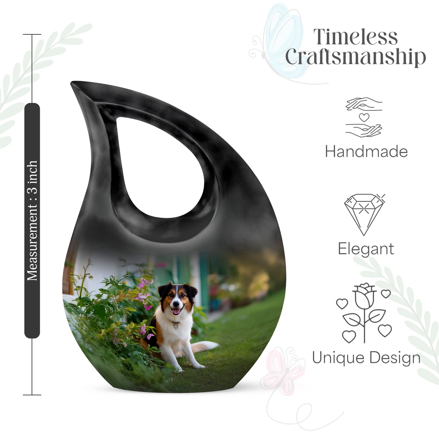 Emerald Green Dog Cremation Urn back view with polished surface - sacred cross merged with dog motif on metal - mini keepsake memorial for portion of cremation ashes