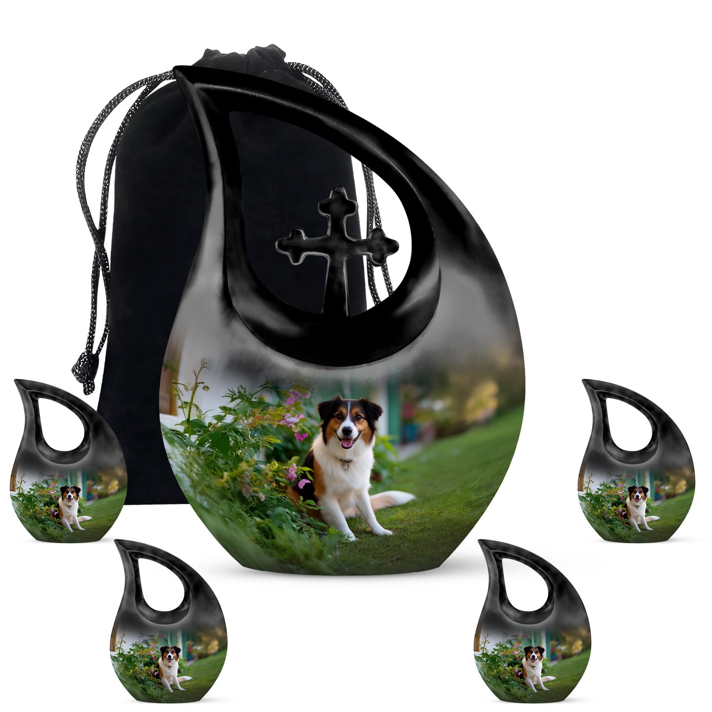 Mint Green Dog Cremation Urn urn with complimentary velvet bag - devotional cross-drop dog engraving - memorial set with one large and four small urns