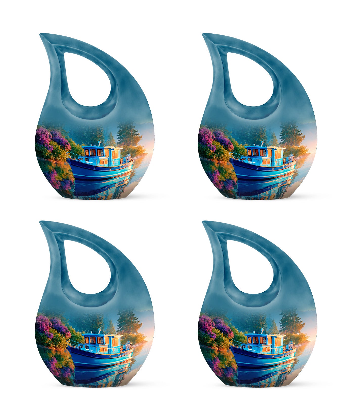 Pastel Blue Boat Cremation Urn lifestyle display on memorial shelf - sacred cross merged with boat motif on metal - 10 inch aluminum urn for cremated remains
