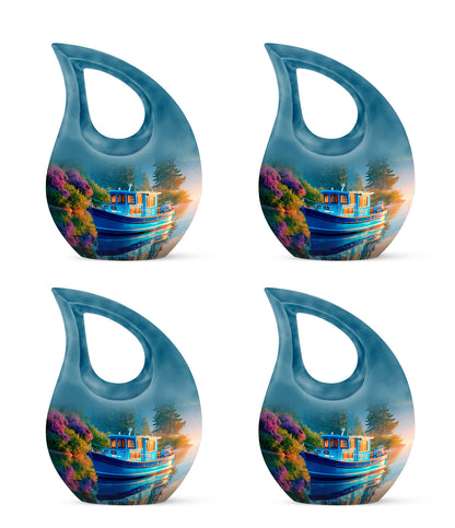 Pastel Blue Boat Cremation Urn lifestyle display on memorial shelf - sacred cross merged with boat motif on metal - 10 inch aluminum urn for cremated remains