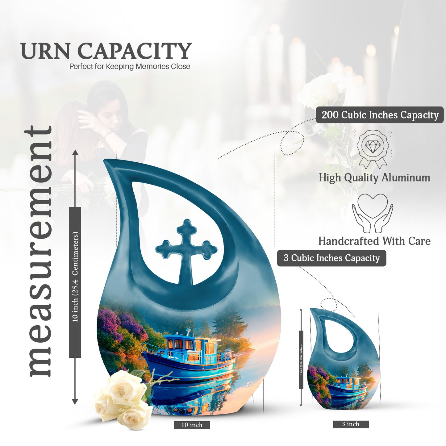 Twilight Blue Boat Cremation Urn back view with polished surface - faith-inspired cross-drop urn with boat pattern - mini keepsake memorial for portion of cremation ashes