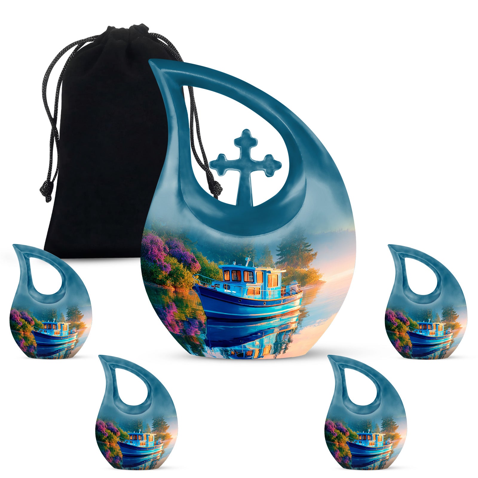 Cornflower Blue Boat Cremation Urn urn with complimentary velvet bag - devotional cross-drop boat engraving - memorial set with one large and four small urns